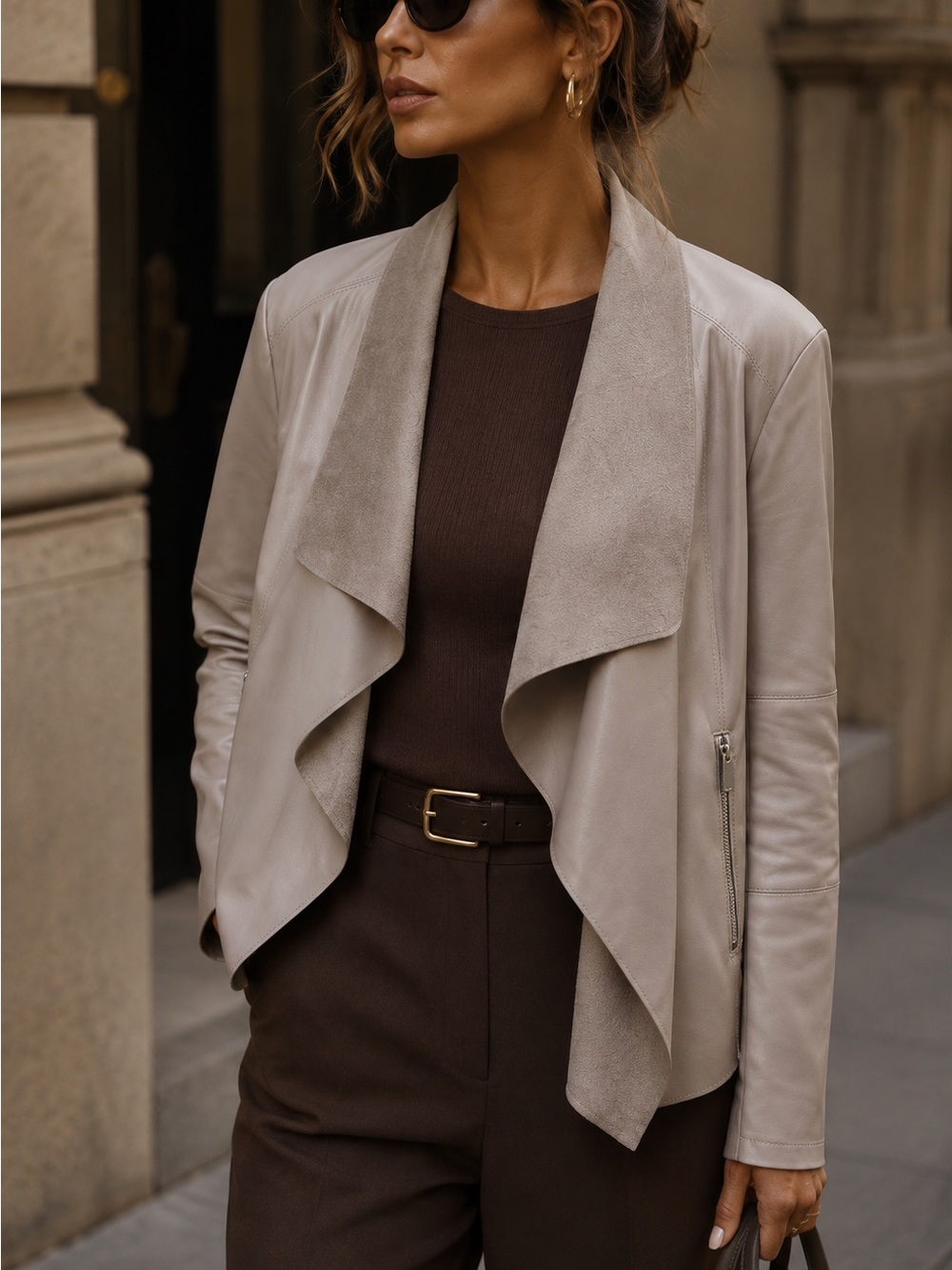 Bagatelle Faux Leather Faux Suede Waterfall Jacket Taupe M